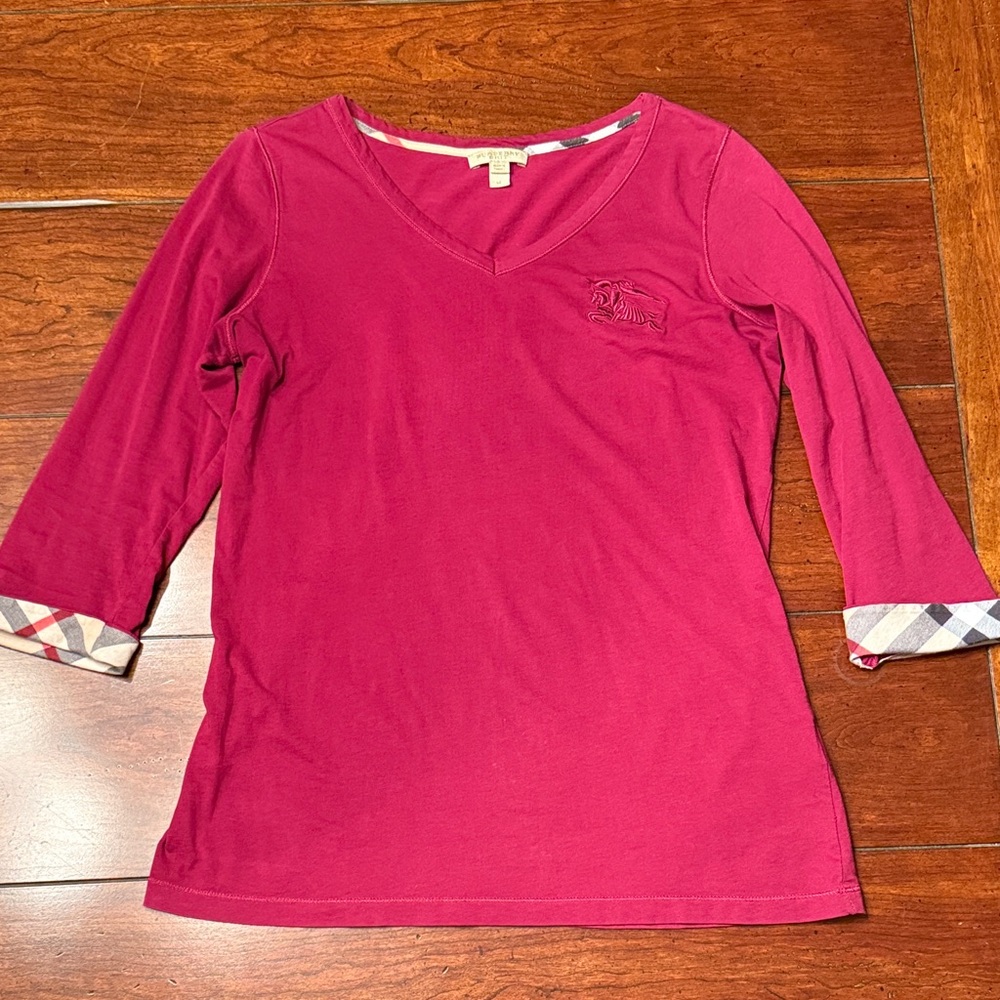 Burberry Magenta V-Neck Long Sleeve Top with Plaid Cuffs